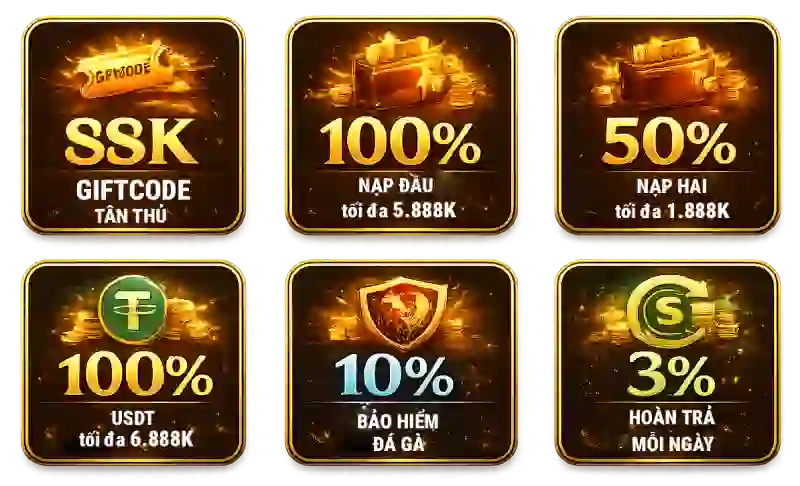 Sáu gói khuyến mãi GAKING88 giftcode 88K nạp đầu 100% nạp hai 50% USDT bảo hiểm hoàn trả