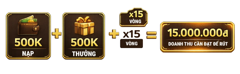 Ví dụ tính vòng cược thưởng nạp đầu GAKING88 nạp 500K thưởng 500K nhân 15 vòng
